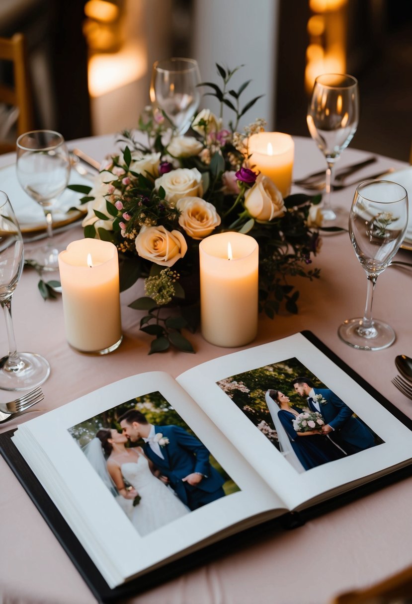 A table set with a romantic dinner for two, surrounded by candles and flowers, with a photo album open to a page of wedding day memories