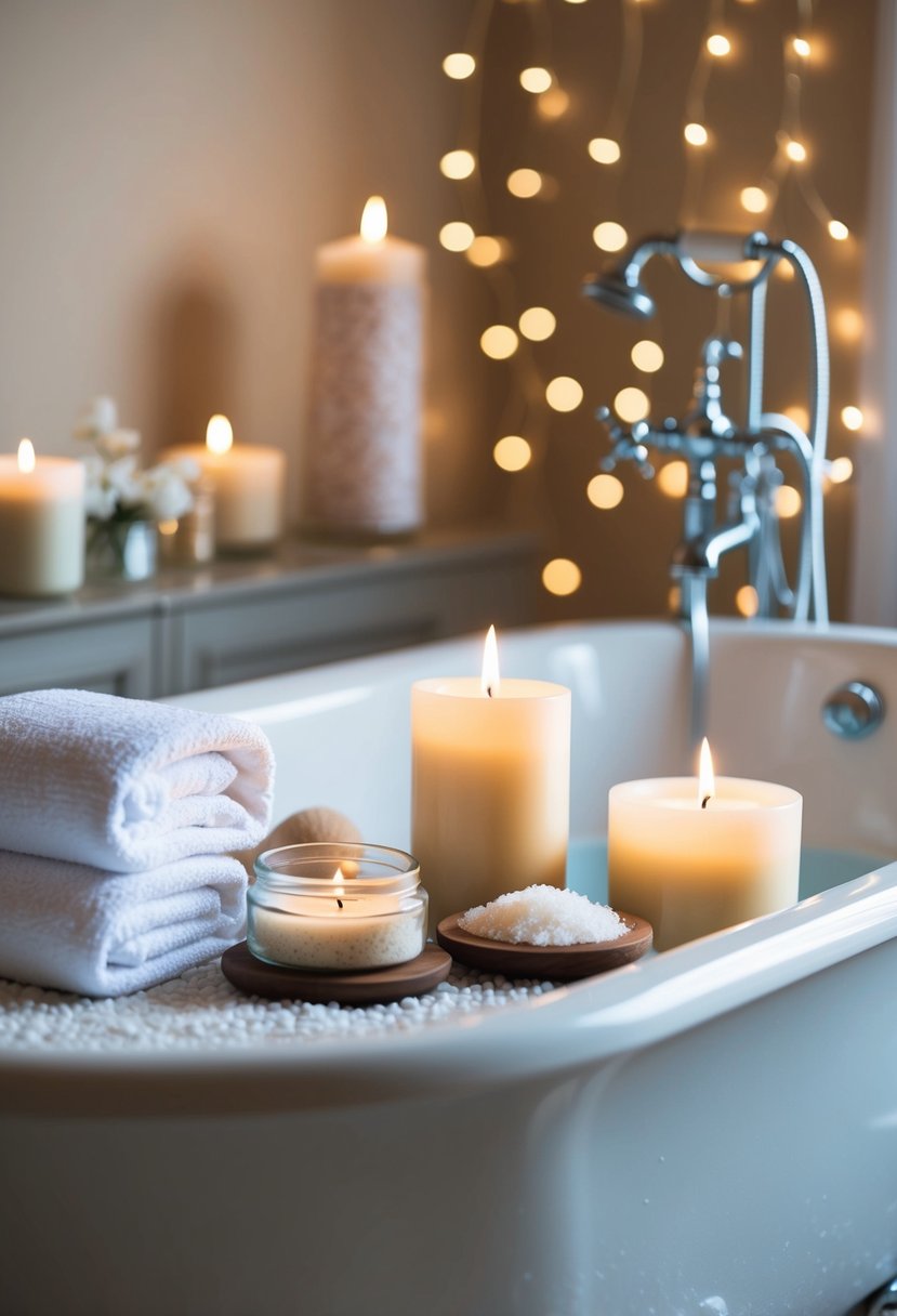 A serene bathroom with candles, towels, and bath salts set up around a luxurious bathtub, with soft music playing in the background