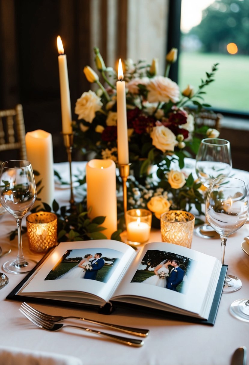 A table set with a romantic dinner, surrounded by candles and flowers, with a photo album open to wedding pictures