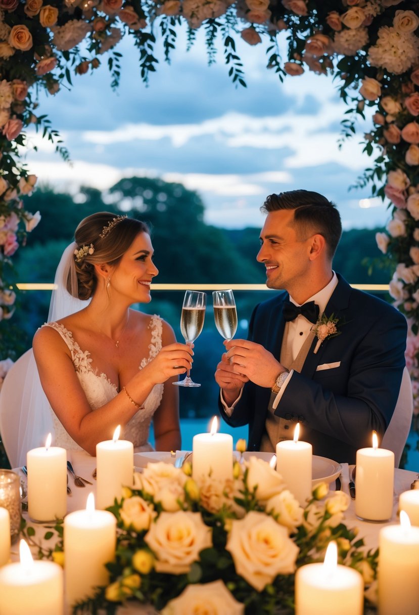 A couple sits at a candlelit table, surrounded by blooming flowers and soft music, toasting their 39th wedding anniversary