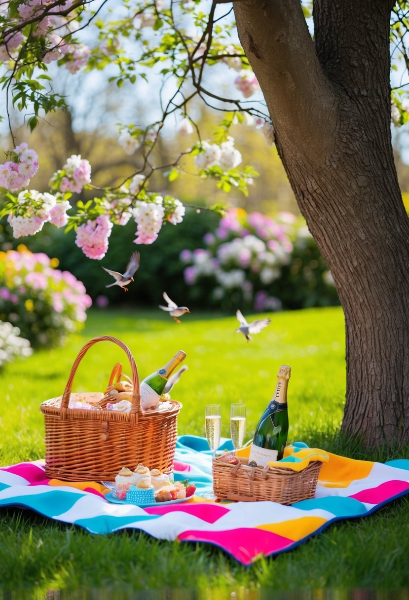 A colorful picnic blanket spread under a shady tree, surrounded by blooming flowers and chirping birds. A wicker basket filled with delicious treats and a bottle of champagne on ice