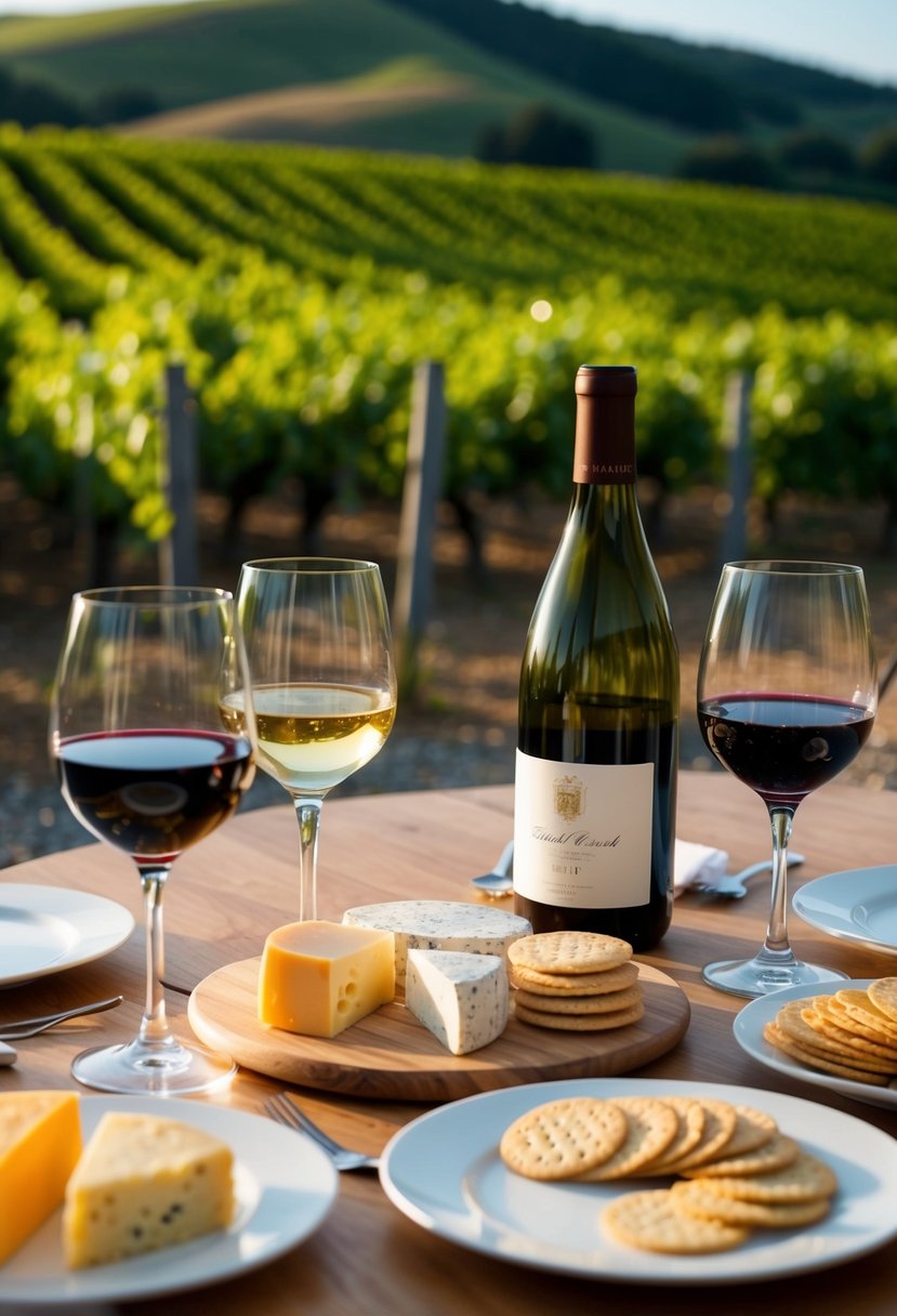 A table set with various cheeses, crackers, and glasses of wine, surrounded by vineyards and rolling hills