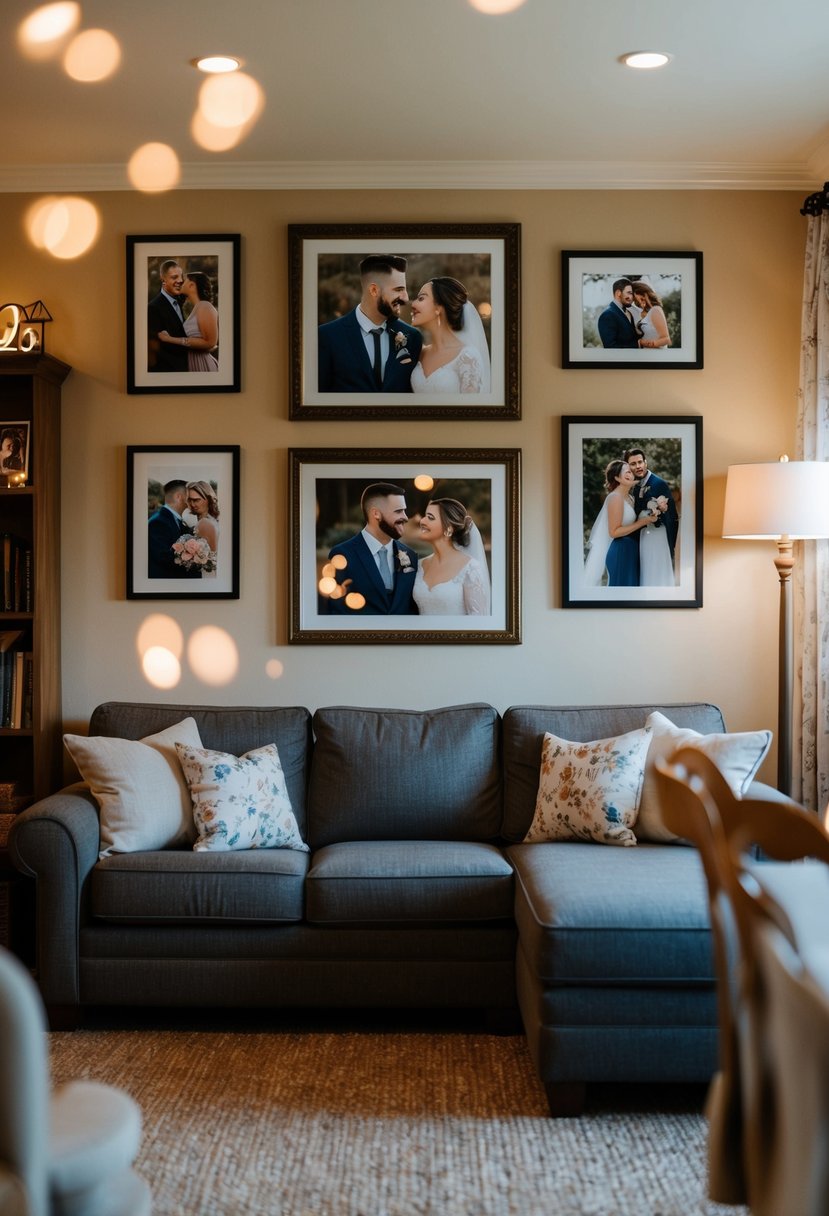 A cozy living room with framed couple photos displayed on the walls and shelves, creating a warm and nostalgic atmosphere for a 26th wedding anniversary celebration