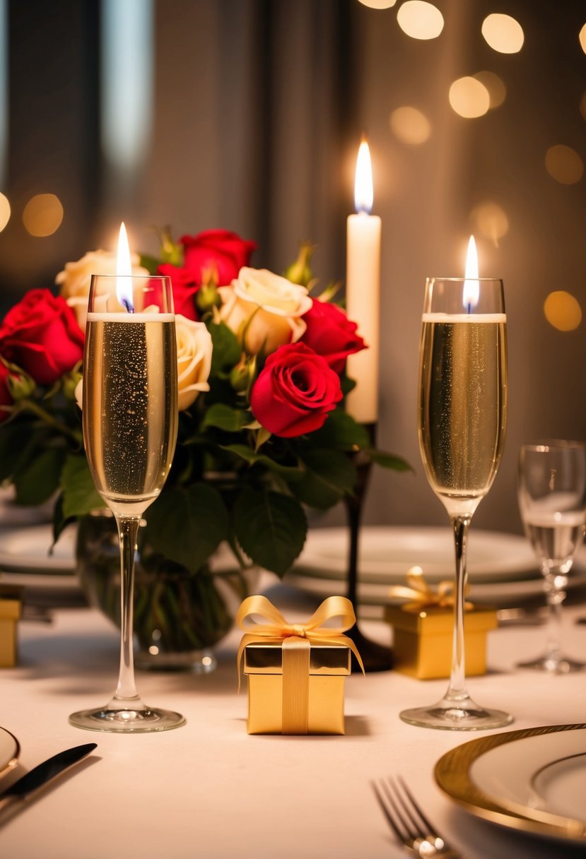 A candlelit dinner table with two champagne glasses, a bouquet of roses, and a small gift box