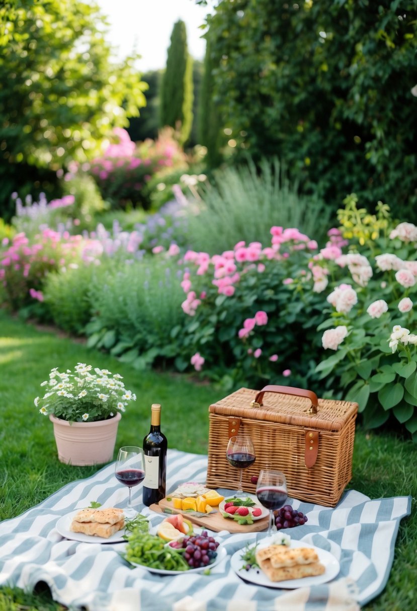 A picnic blanket laid out in a lush garden, surrounded by blooming flowers and a spread of gourmet food and wine