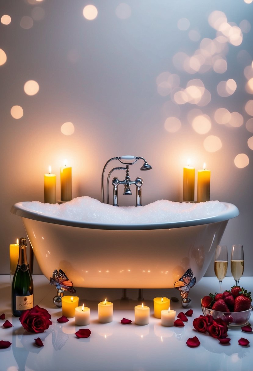 A luxurious bathtub filled with bubbles, surrounded by candles and rose petals, with champagne and strawberries on the side