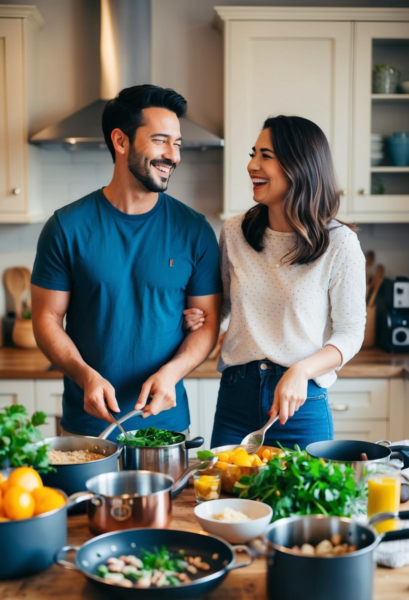 A cozy kitchen filled with pots, pans, and fresh ingredients. A couple stands side by side, laughing as they prepare a meal together