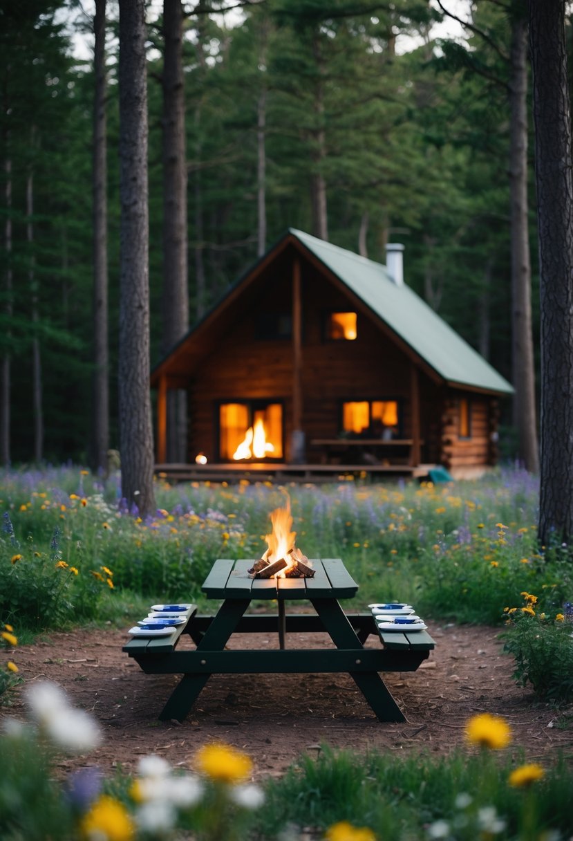 A cozy cabin nestled in a forest clearing, with a crackling fire and a picnic table set for two, surrounded by blooming wildflowers