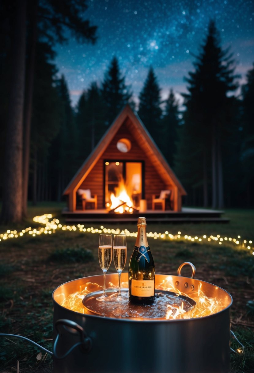 A cozy cabin nestled in a serene forest, with a crackling fire and a bottle of champagne on ice, surrounded by twinkling fairy lights and a starry night sky