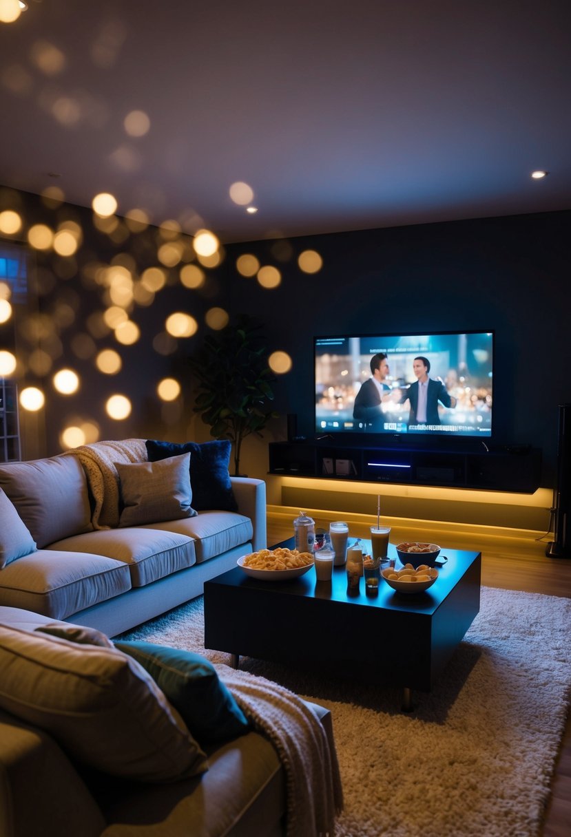 A dimly lit living room with a large, plush couch, soft blankets, and a coffee table topped with snacks and drinks. A movie is playing on the TV, casting a warm glow over the room