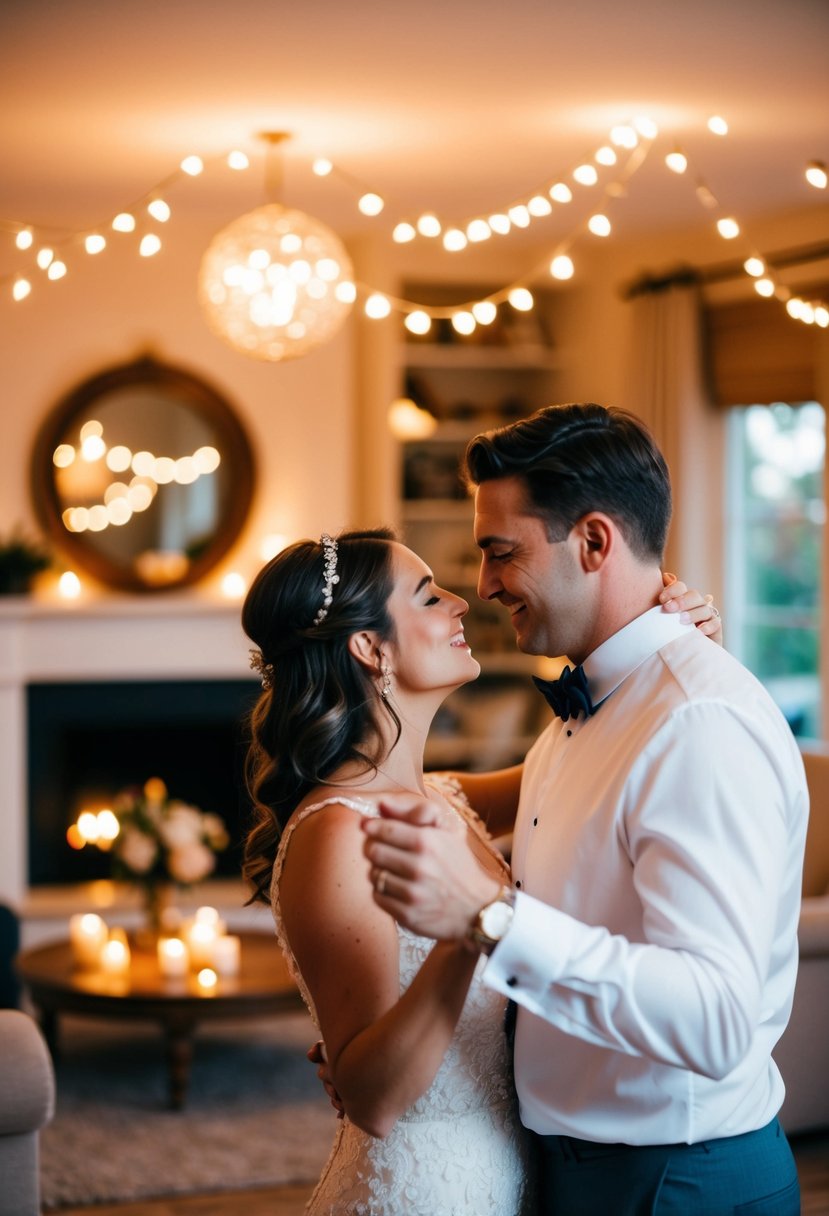 A couple dances in their cozy living room, surrounded by soft candlelight and the warm glow of their 19th wedding anniversary