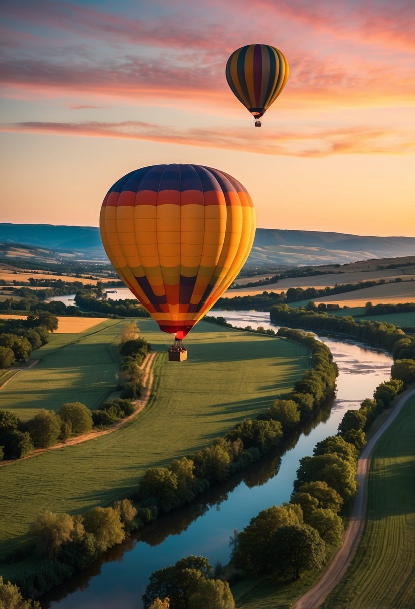 A colorful hot air balloon floats above a picturesque landscape at sunset, with rolling hills and a serene river below