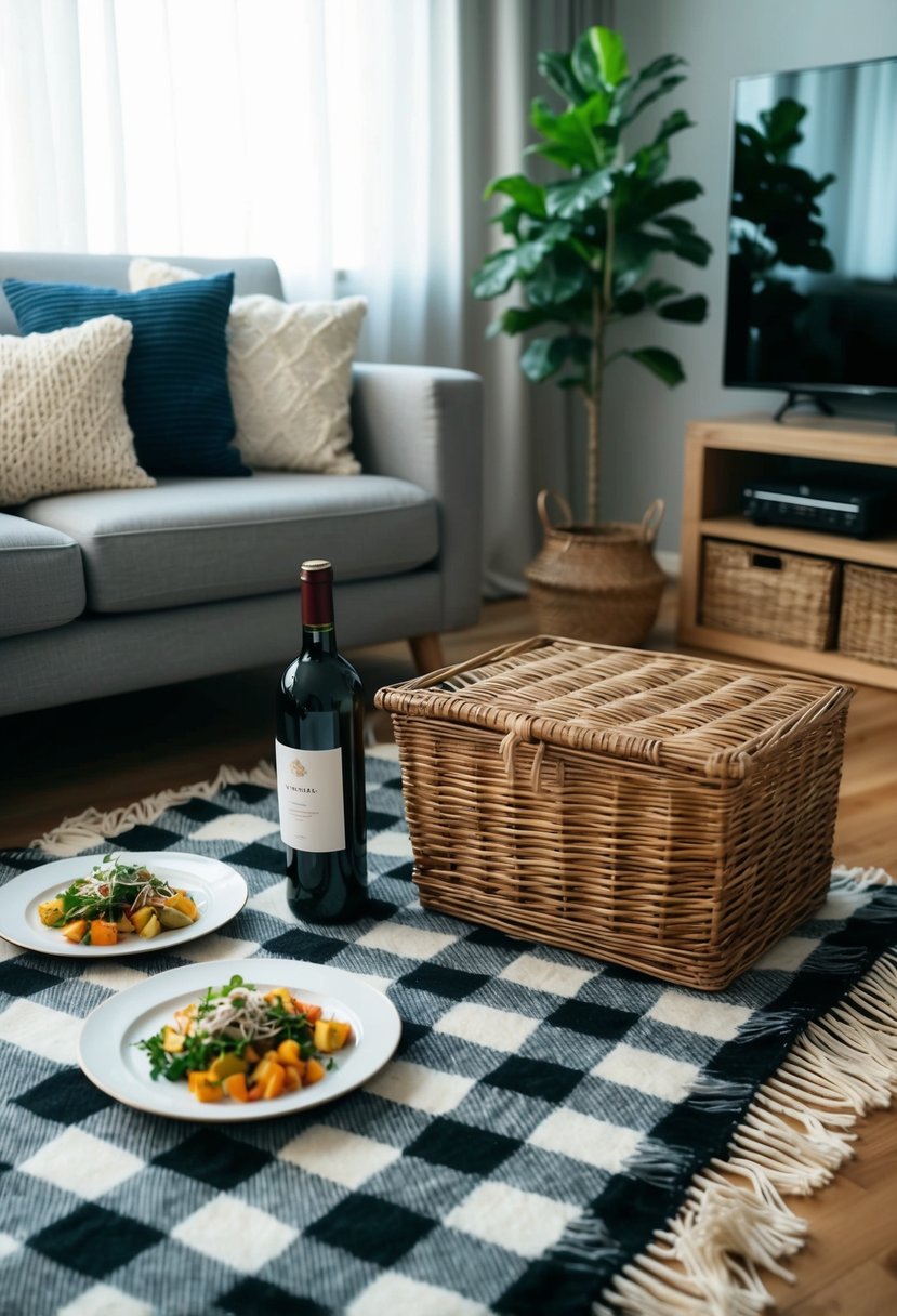 A cozy living room with a checkered blanket spread on the floor, surrounded by a wicker basket, plates of food, and a bottle of wine