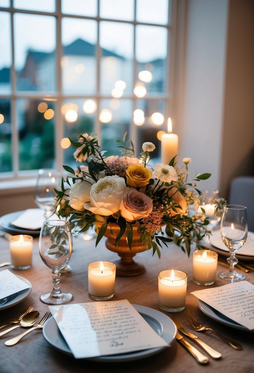 A cozy table set with love letters, flowers, and candles for a 39th wedding anniversary celebration