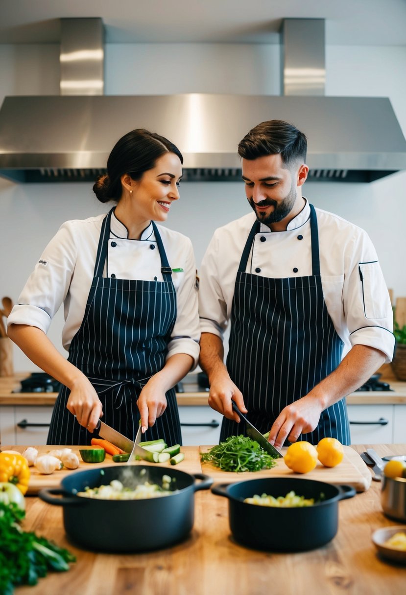 A couple stands side by side at a kitchen island, chopping vegetables and stirring pots as a chef instructs them in a cooking class