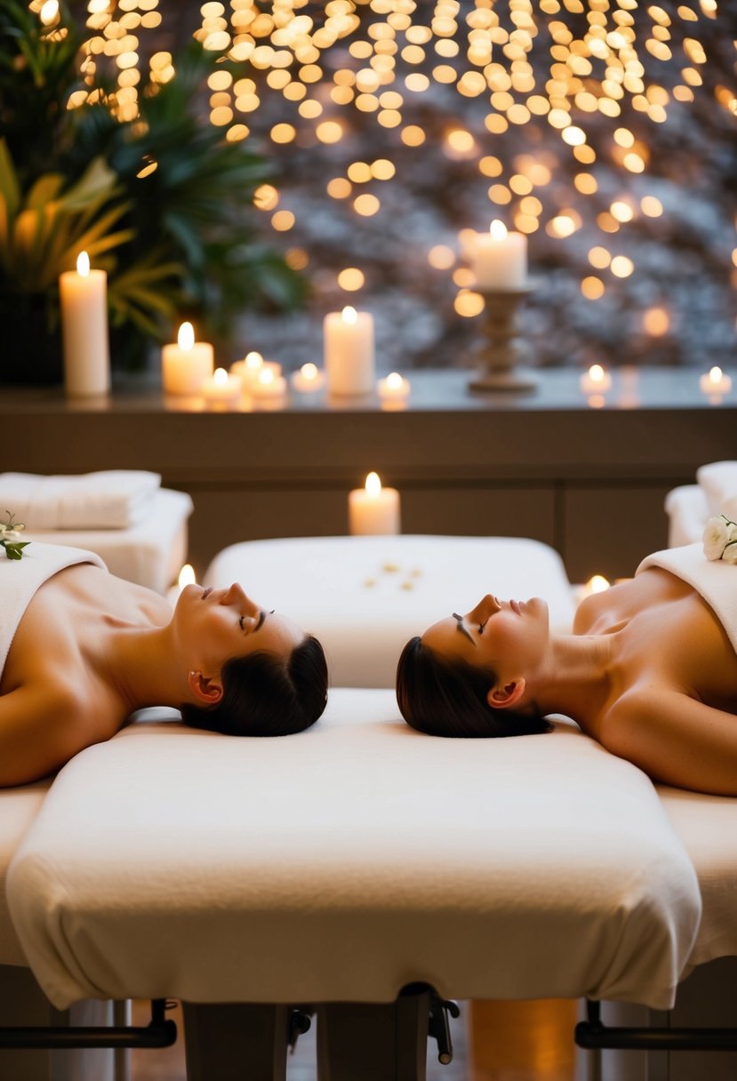 A serene spa setting with two massage tables, candles, and soft lighting. A couple relaxes side by side as they receive massages and enjoy a peaceful atmosphere