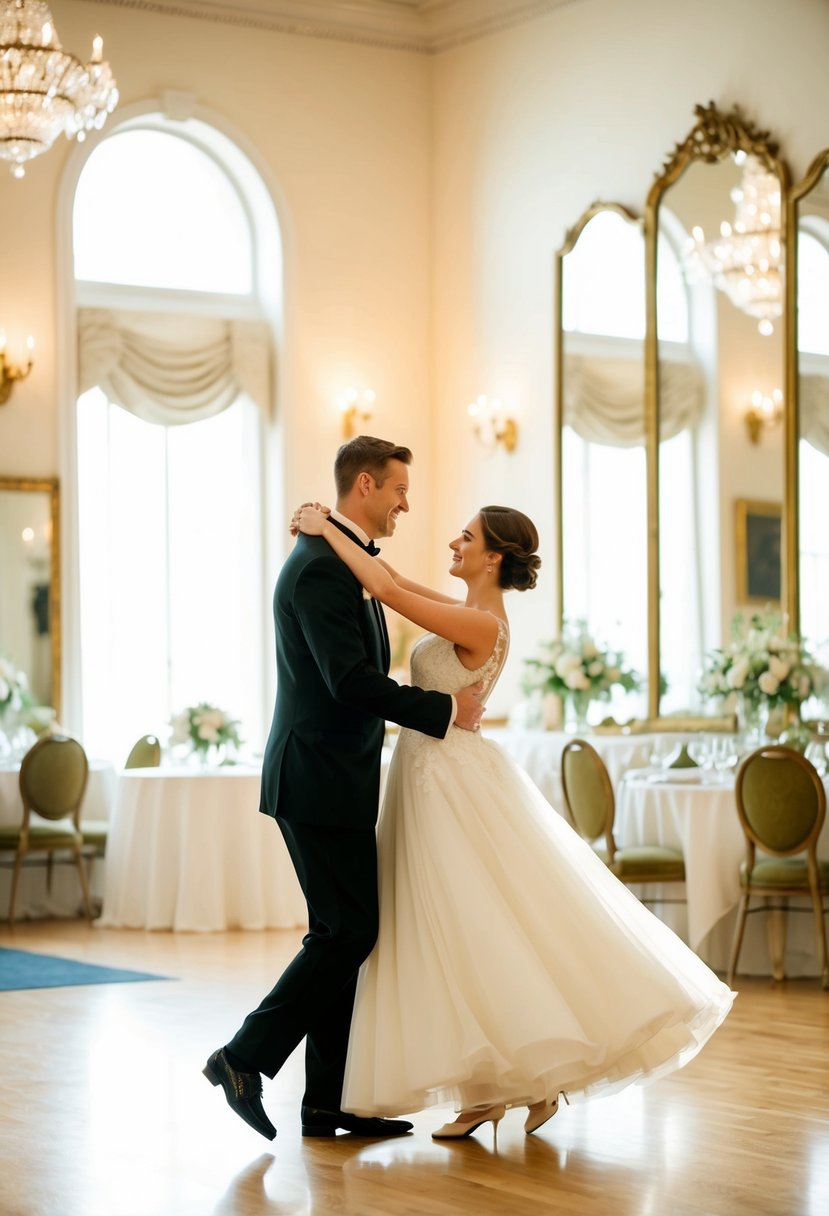 A couple gracefully waltzing in a sunlit ballroom, surrounded by mirrors and elegant decor