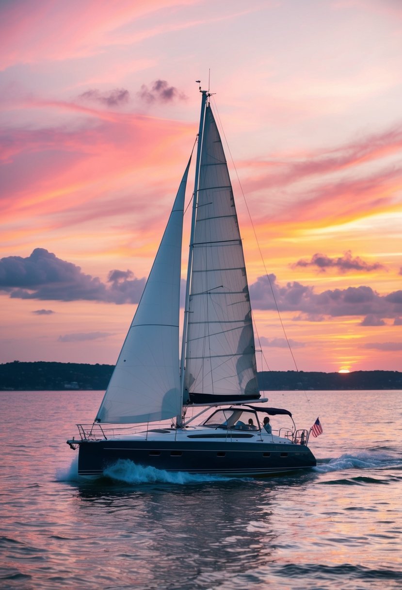 A sailboat glides across the water as the sun sets, casting a warm glow over the horizon. The sky is painted with hues of pink, orange, and purple, creating a picturesque backdrop for a romantic anniversary cruise