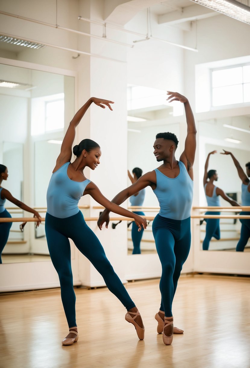 A couple gracefully dances together in a brightly lit studio, surrounded by mirrors and ballet barres. Their movements are fluid and synchronized, conveying their love and connection