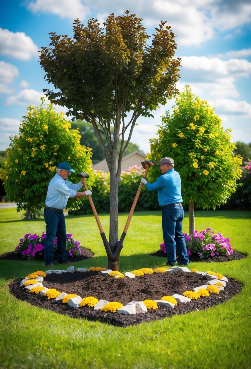 A mature tree being planted with two smaller trees nearby, surrounded by colorful flowers and a heart-shaped arrangement of rocks