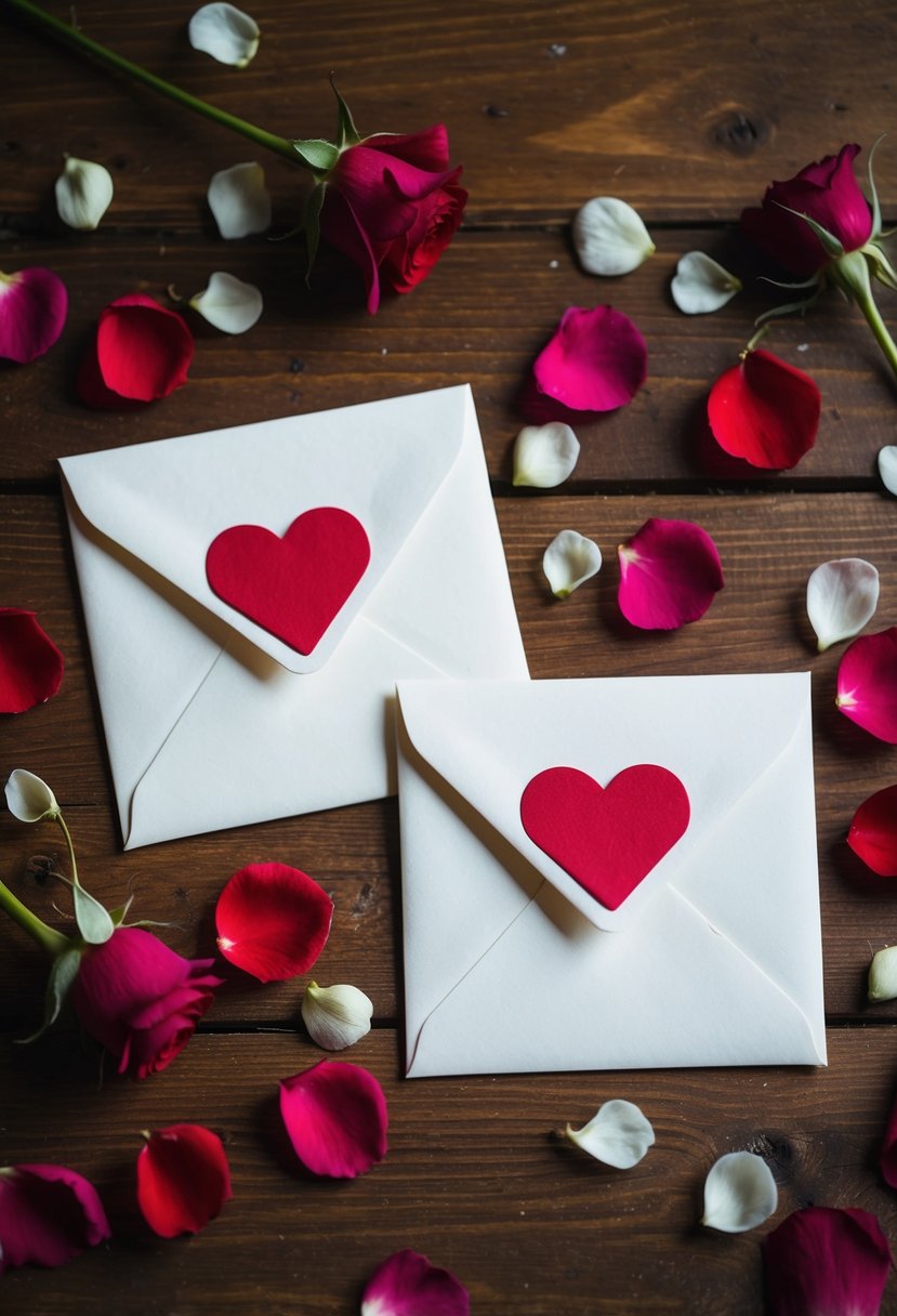 Two envelopes with hearts sealed, surrounded by scattered rose petals on a wooden table