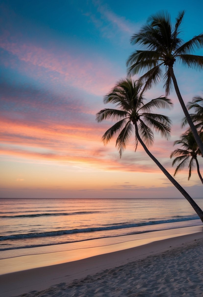 A serene beach at sunset, with palm trees swaying in the breeze and a colorful sky reflecting on the calm ocean waves