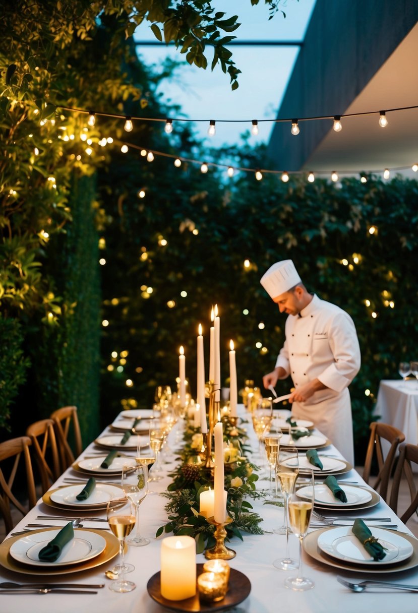 A table set with elegant dinnerware and candles, surrounded by lush greenery and twinkling lights, as a private chef prepares a gourmet meal