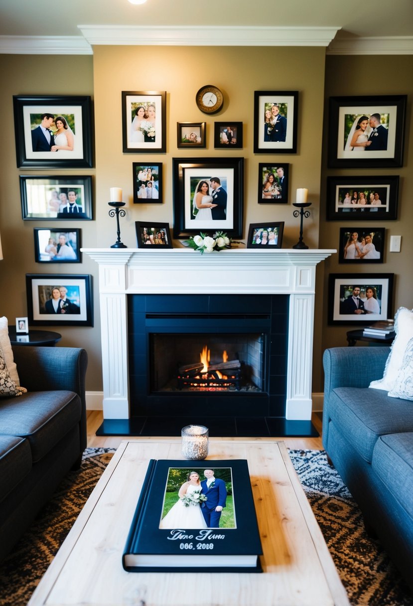 A cozy living room with a fireplace, filled with framed photos of the couple over the years. A coffee table holds a photo book with the couple's wedding date on the cover