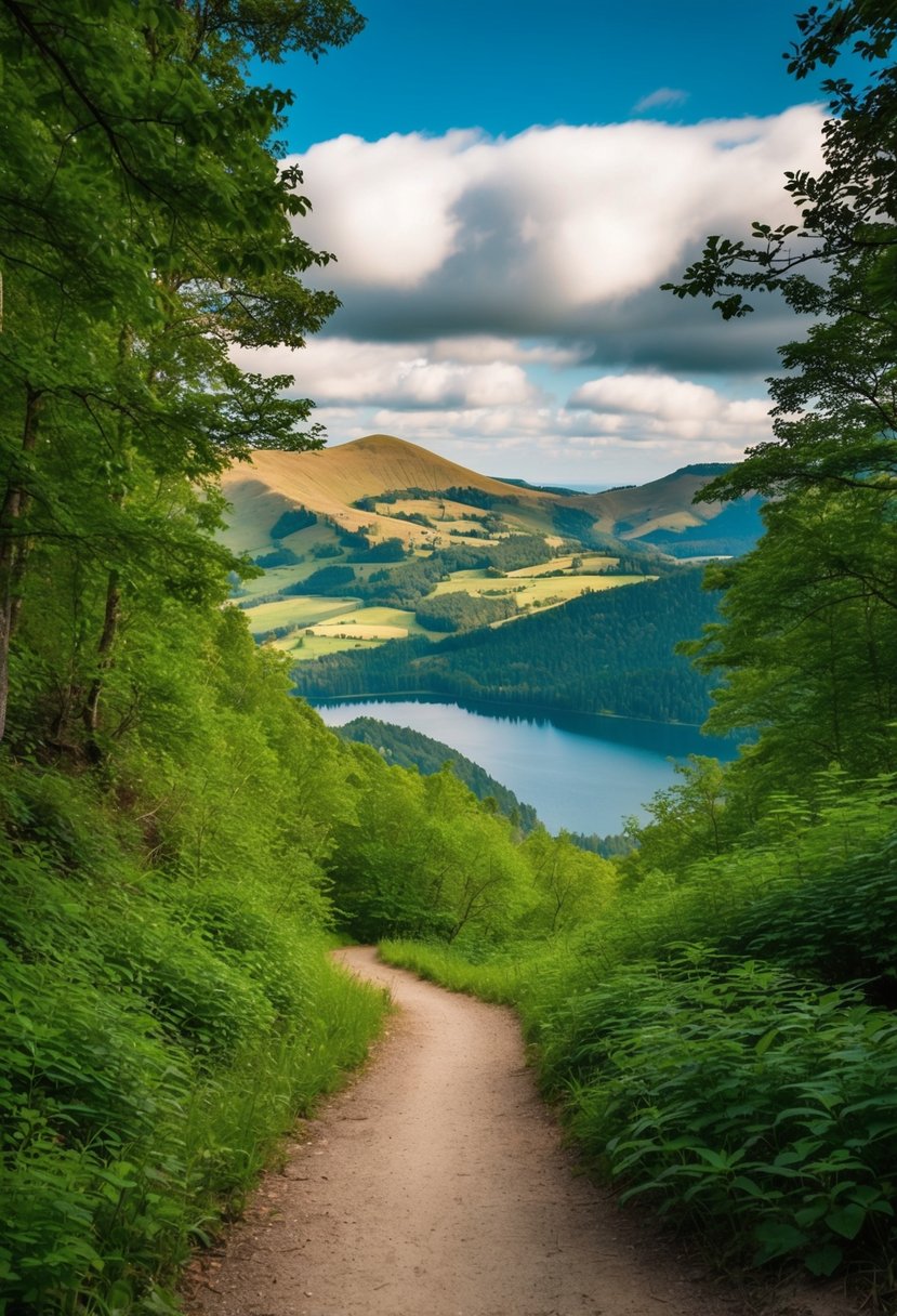 A winding trail through lush forest, leading to a breathtaking vista of rolling hills and a serene lake