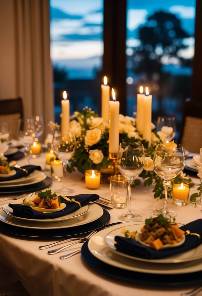 A beautifully set dining table with candlelight, fine china, and a gourmet meal prepared with love