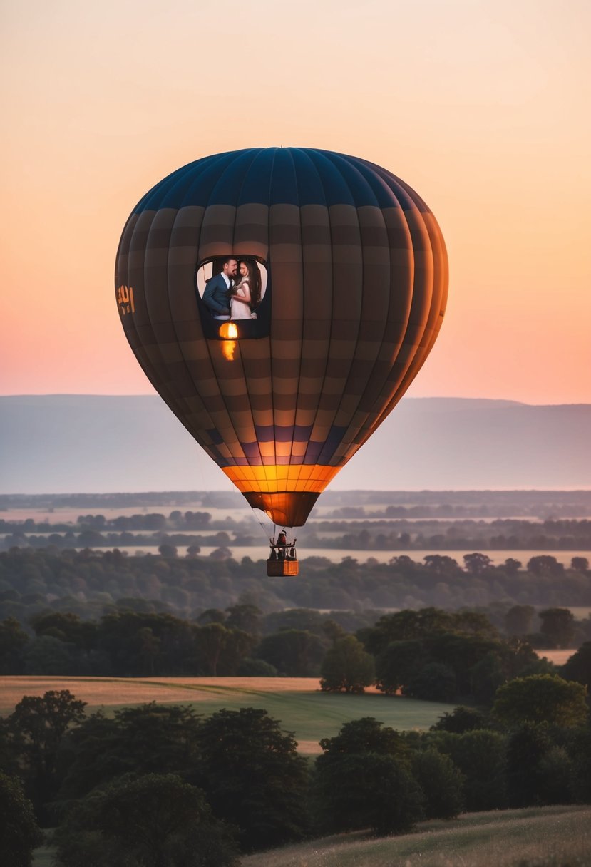 A hot air balloon floats above a scenic landscape at sunset, with a couple inside celebrating their 39th wedding anniversary