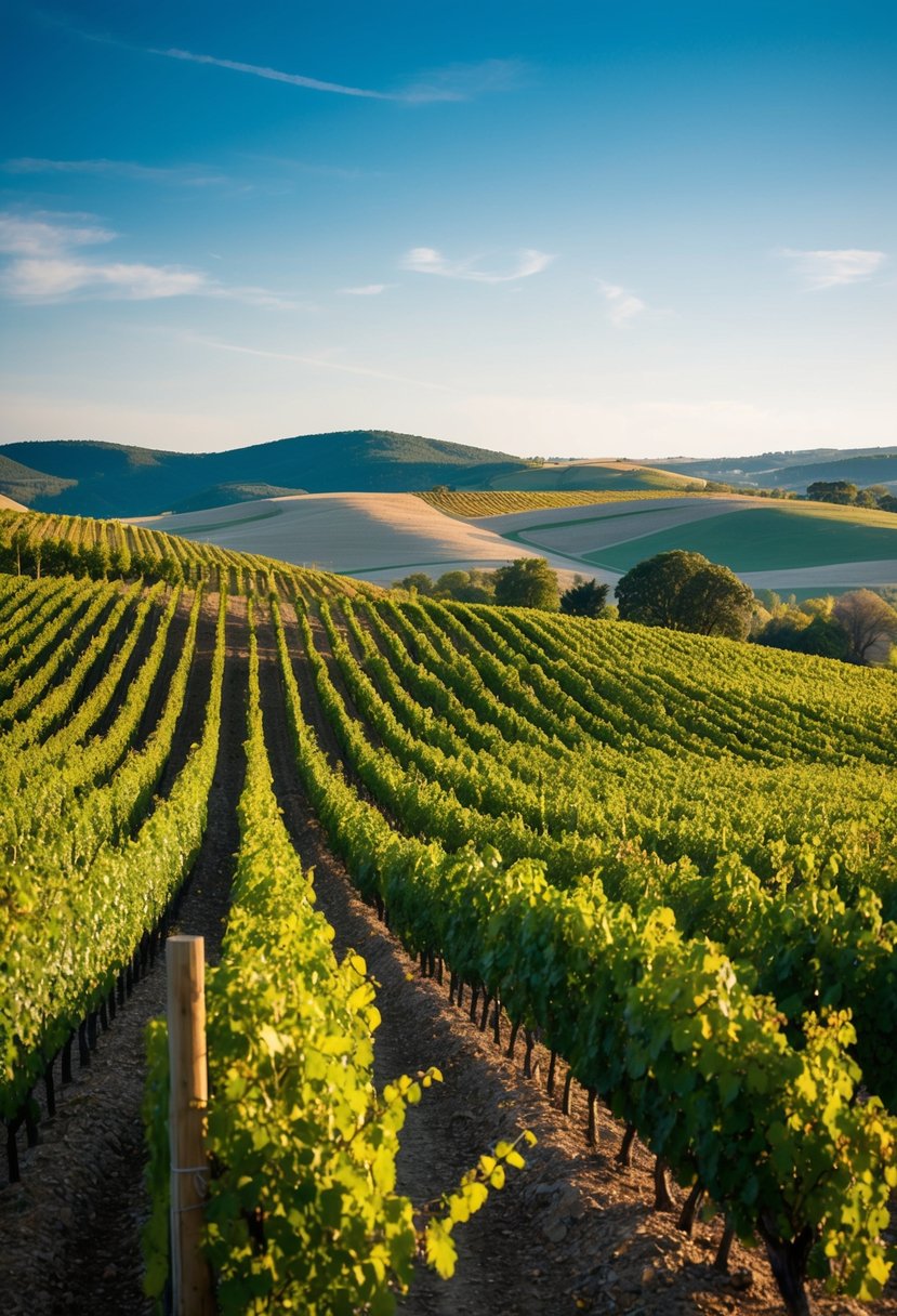 A picturesque vineyard with rows of grapevines stretching into the distance, set against a backdrop of rolling hills and a clear blue sky