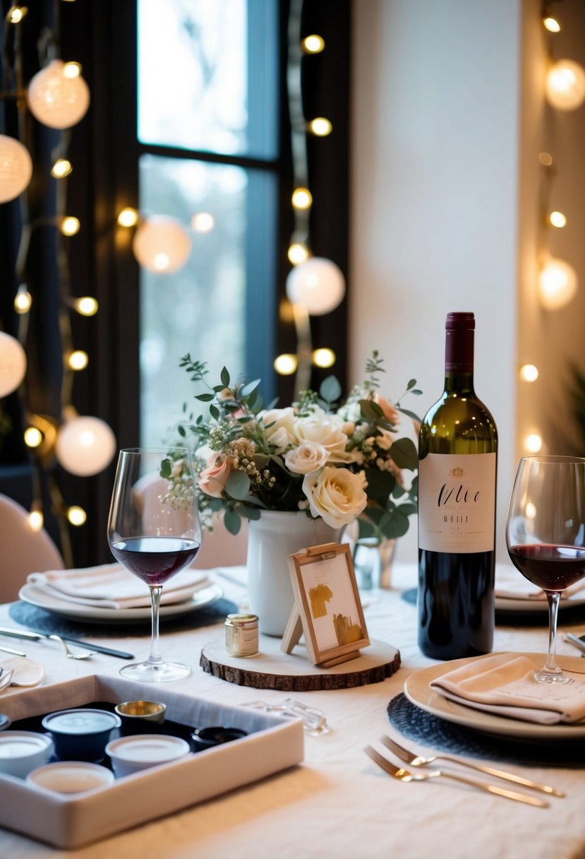 A cozy table set with wine, paint supplies, and a canvas, surrounded by soft lighting and romantic decor