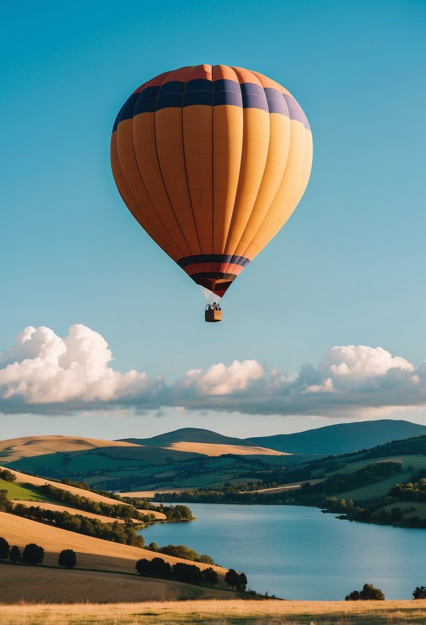 A colorful hot air balloon floats above rolling hills and a serene lake, with a clear blue sky and fluffy white clouds in the background