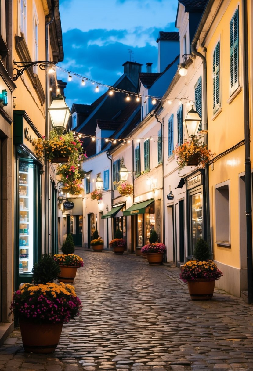 A charming cobblestone street lined with quaint shops and cafes, adorned with twinkling lights and colorful flower baskets