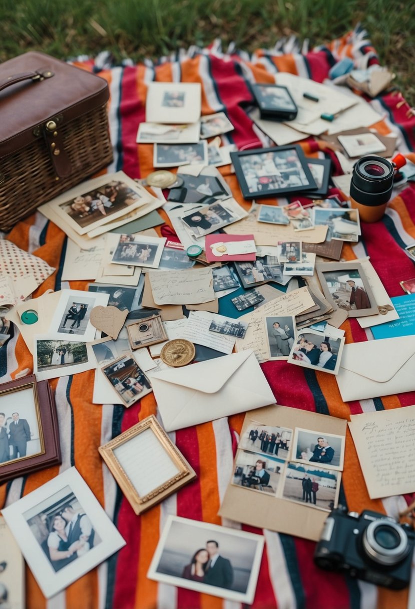 A picnic blanket spread with old photos, love letters, and mementos from the past 19 years