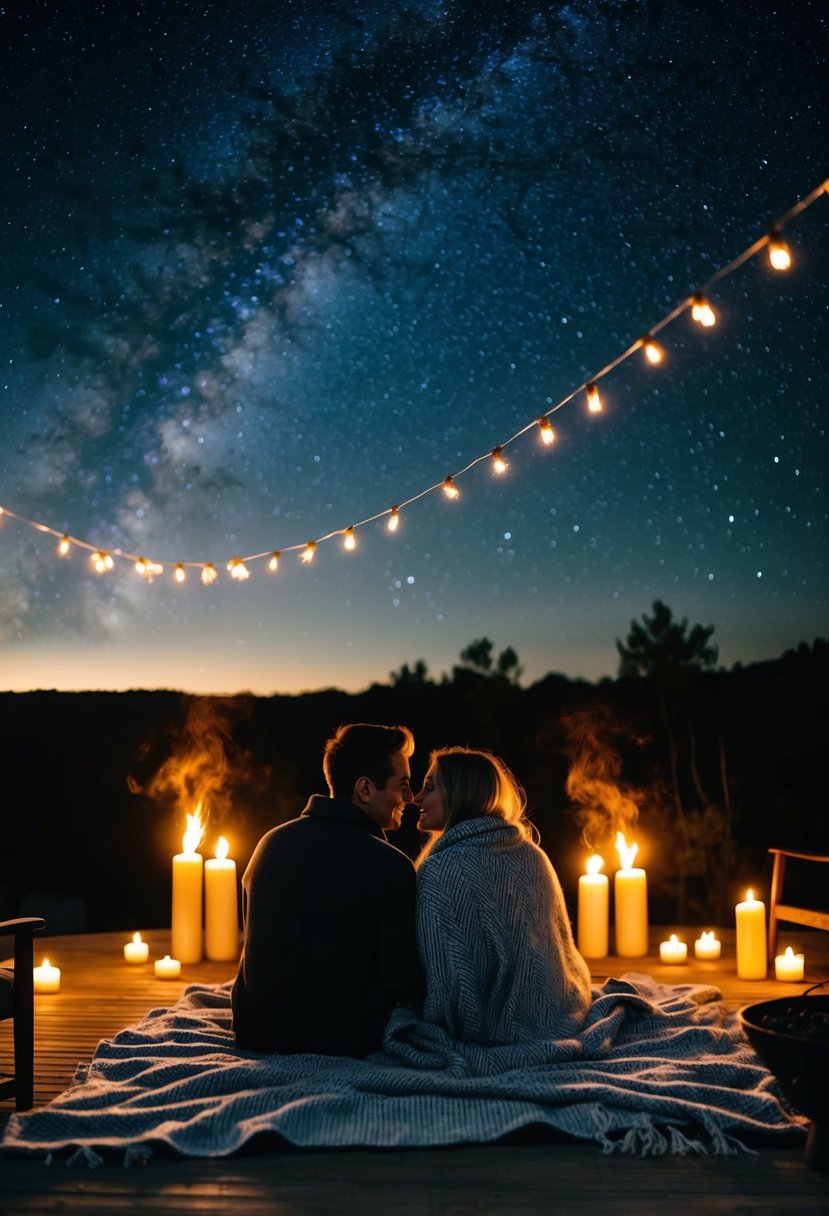 A couple sits on a cozy blanket under a starry sky, surrounded by flickering candles and a glowing fire pit