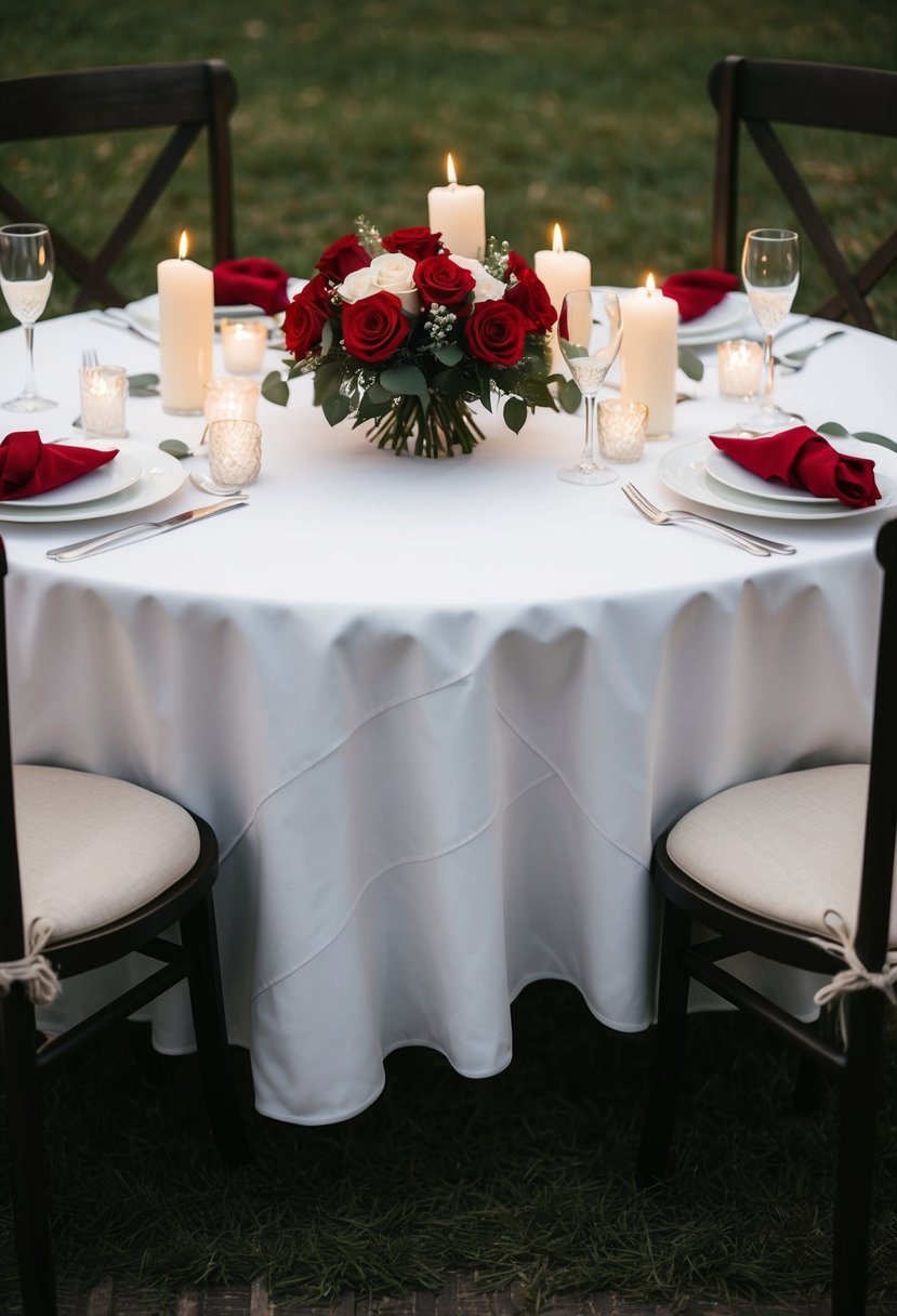 A table set with a white tablecloth, adorned with a bouquet of red roses and lit candles, surrounded by two chairs