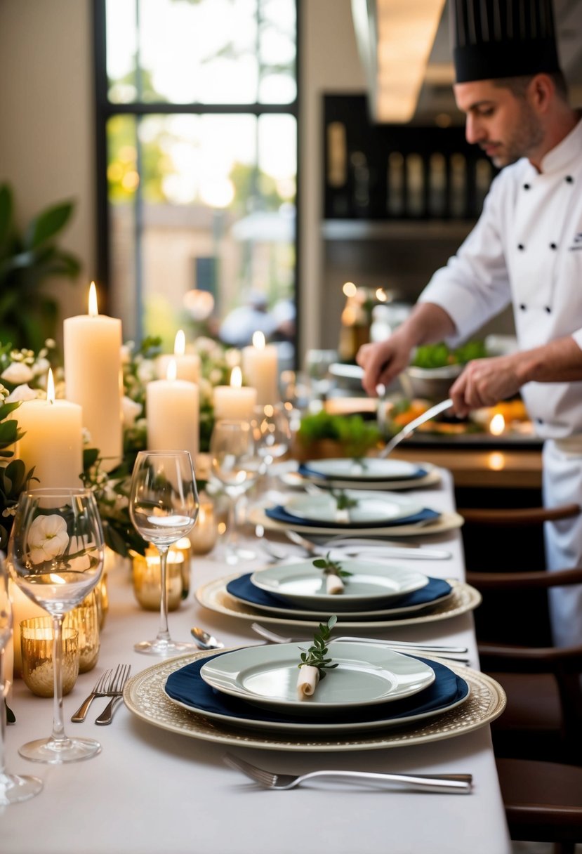 A beautifully set table with elegant dinnerware and candlelight, a chef preparing a gourmet meal in the background