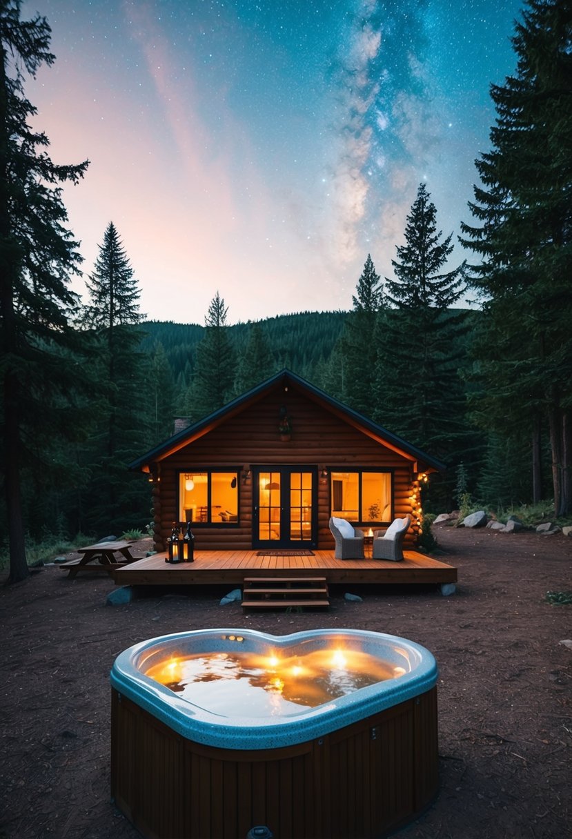 A cozy cabin nestled in a forest clearing, with a crackling fire, champagne on ice, and a heart-shaped hot tub under the stars