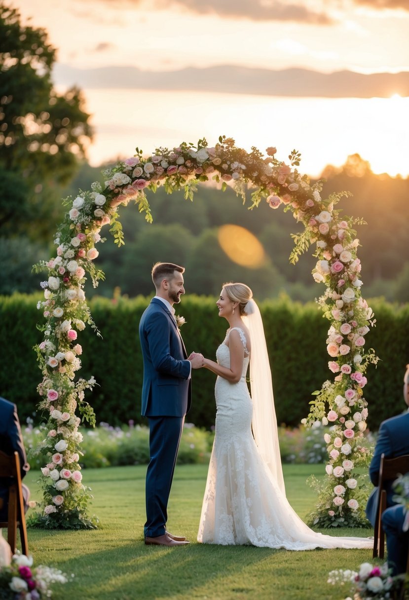 A couple stands beneath a floral arch in a serene garden, exchanging vows as the sun sets on their 19th anniversary