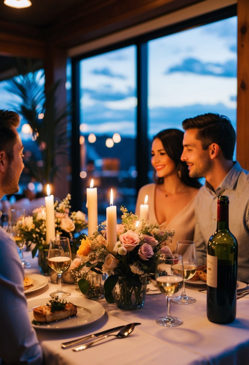 A candlelit dinner at a cozy restaurant, with a table adorned with flowers and a bottle of wine. Soft music plays in the background as the couple reminisces about their first date