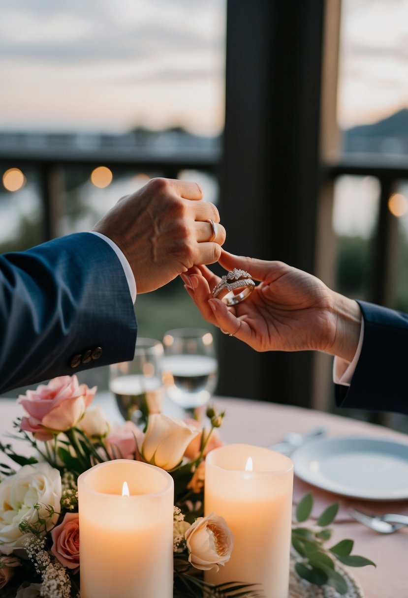 A couple's hands exchanging a pair of intertwined rings on a table adorned with flowers and candles