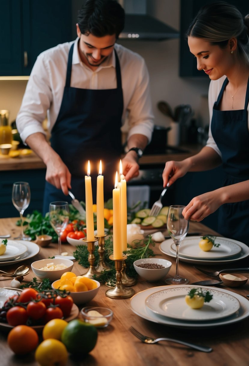 A candlelit table set with elegant dinnerware, surrounded by fresh ingredients and cooking utensils, as a couple works together to prepare a romantic anniversary meal