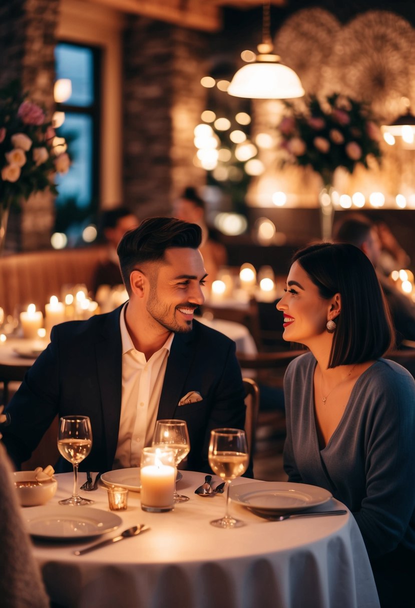 A couple sitting at a candlelit table in a cozy restaurant, surrounded by flowers and soft music, reminiscing about their first date