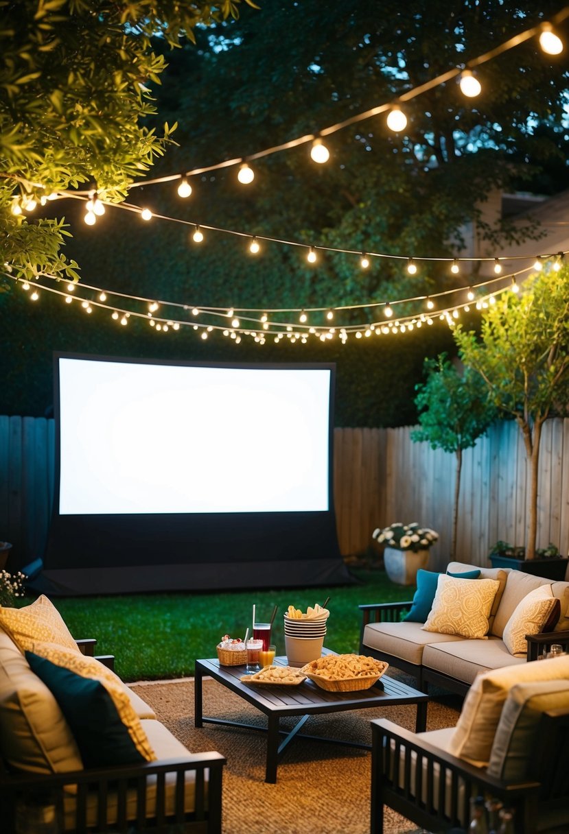 A cozy backyard with a large screen, string lights, comfy seating, and a table filled with snacks and drinks for a romantic movie night