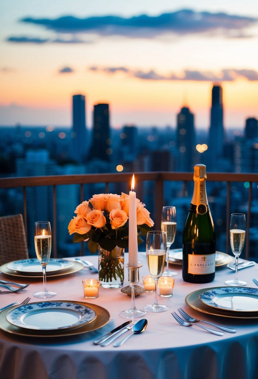 A candlelit table set with fine china, a bouquet of roses, and a bottle of champagne on a balcony overlooking a city skyline