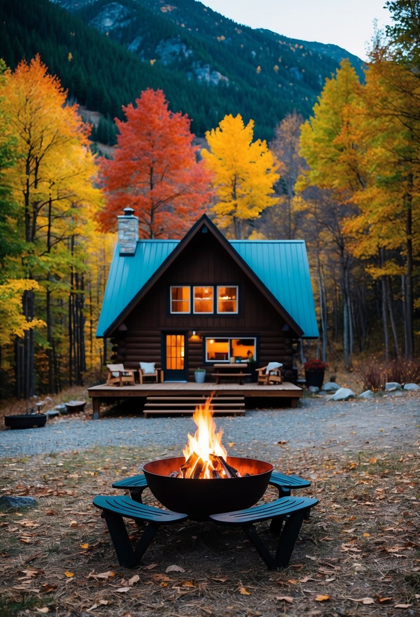 A cozy cabin nestled in the mountains, surrounded by colorful autumn foliage, with a crackling fire pit and a picnic table set for two