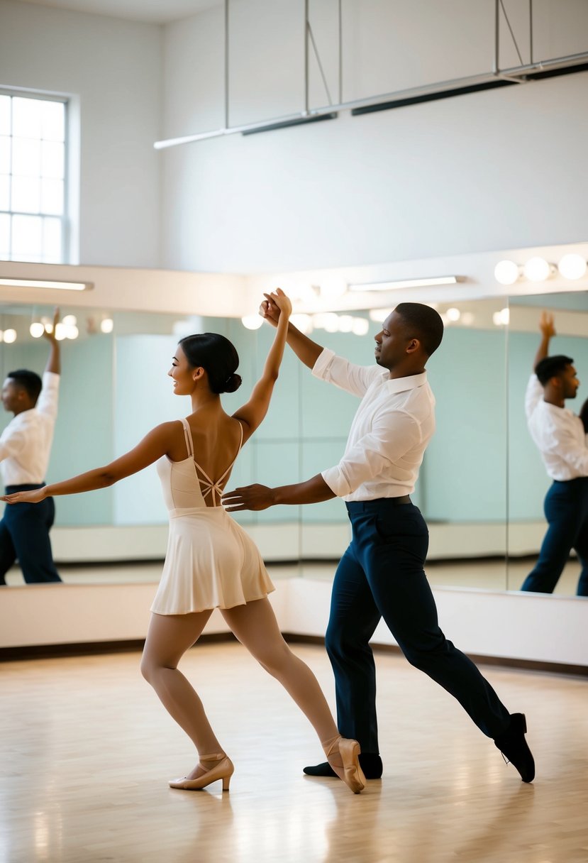 A dance studio with a couple gracefully moving across the floor, surrounded by mirrors and soft lighting