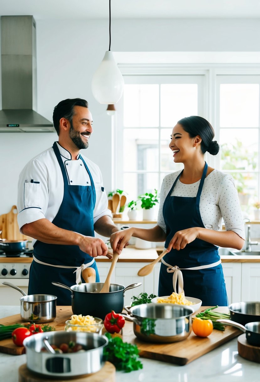 A couple stands side by side in a bright, spacious kitchen, surrounded by pots, pans, and fresh ingredients. A chef leads them through a hands-on cooking lesson, as they laugh and learn together